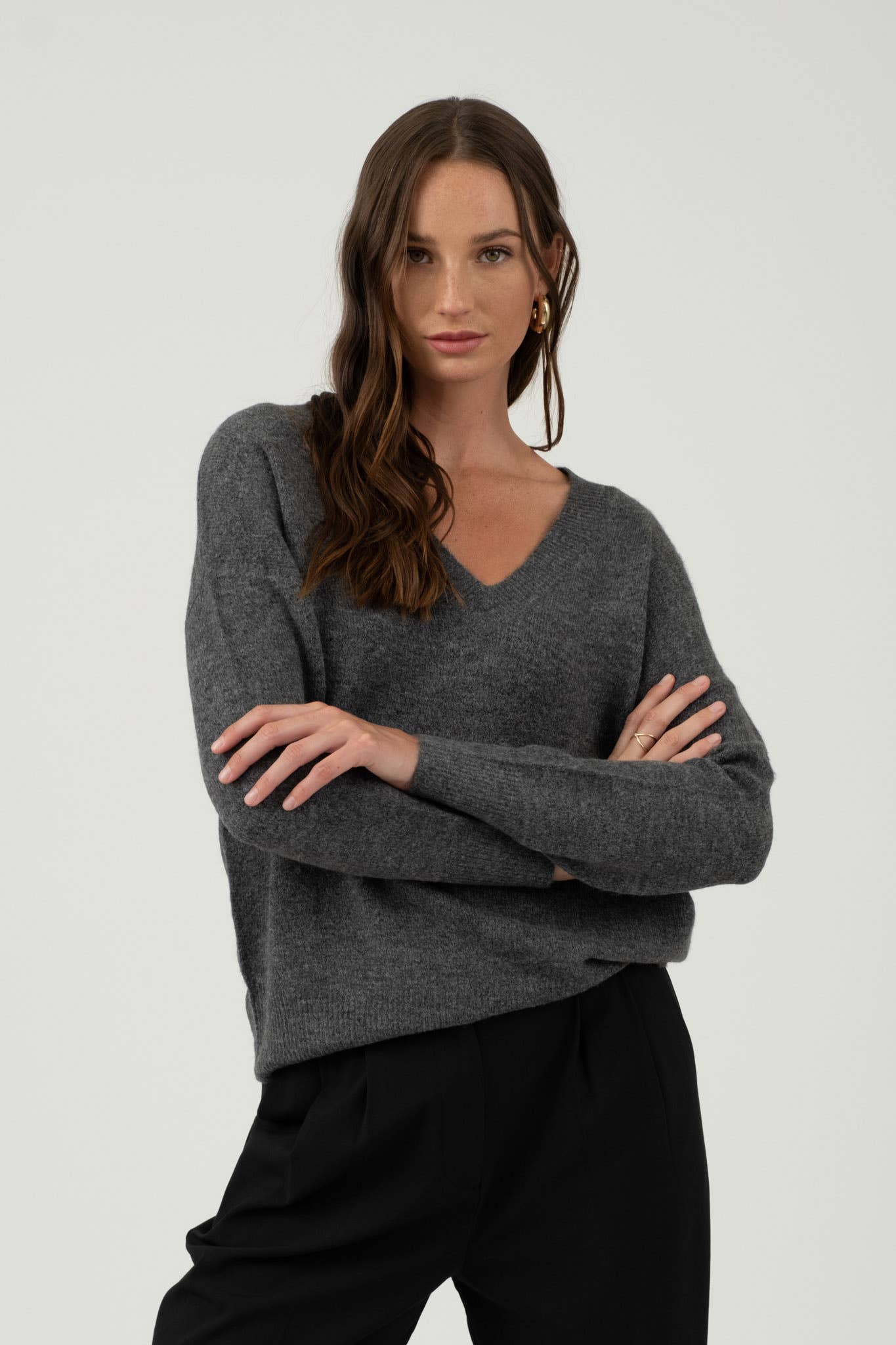 Solid V Neck Drop Shoulder Knit Sweater