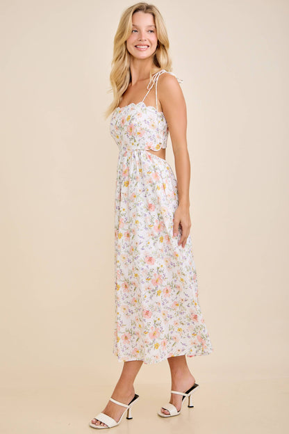 Scallop Edge Tie Shoulder Floral Midi Dress