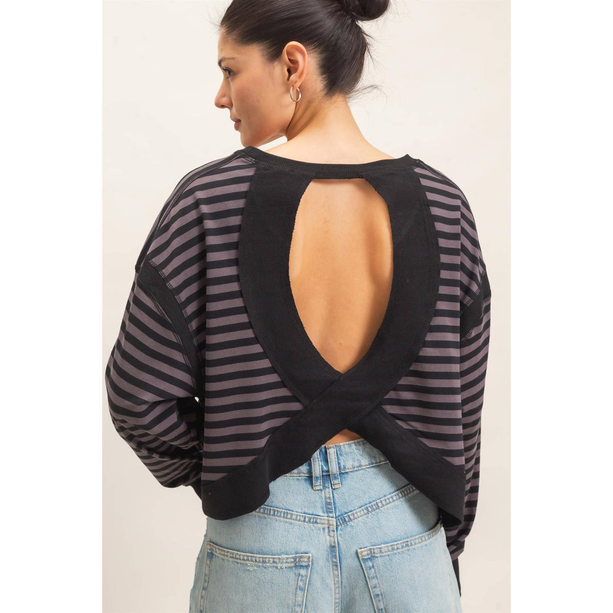 Striped Open Back Long Sleeve Top