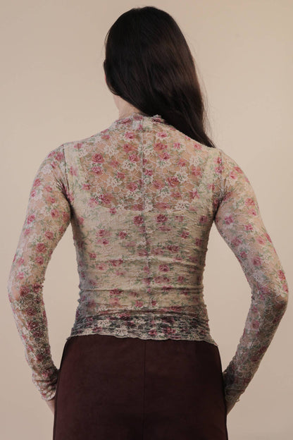 High Neck Fitted Sheer Mesh Lace Knit Top