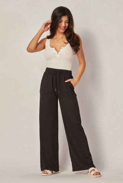 Stretchy Ribbed Drawstring Wide Leg Pants