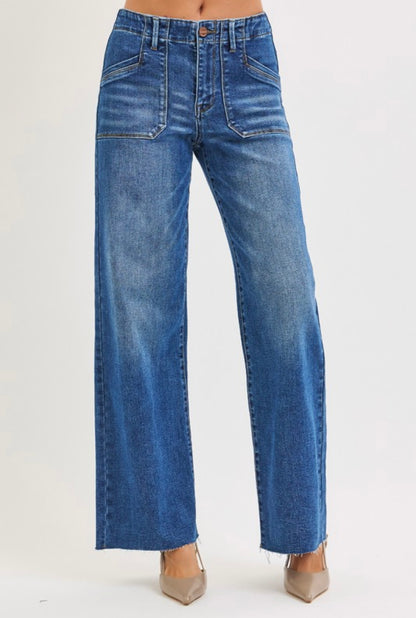 Risen Mid Rise Wide Leg Jeans with patch pocket