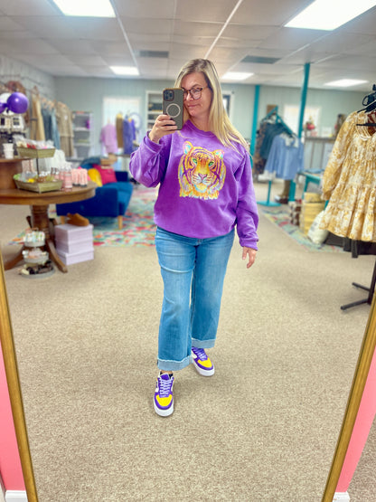 Watercolor Tiger Purple Corded Crew