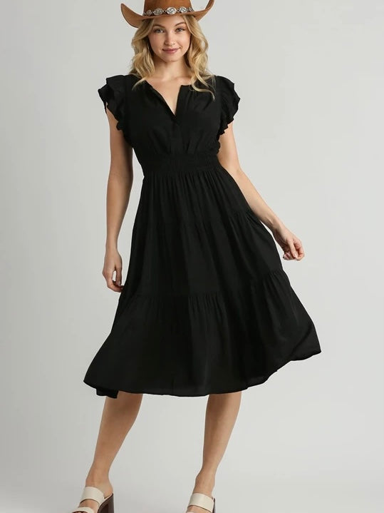 Black Flutter Sleeved Midi Dress with Smocked Waistband