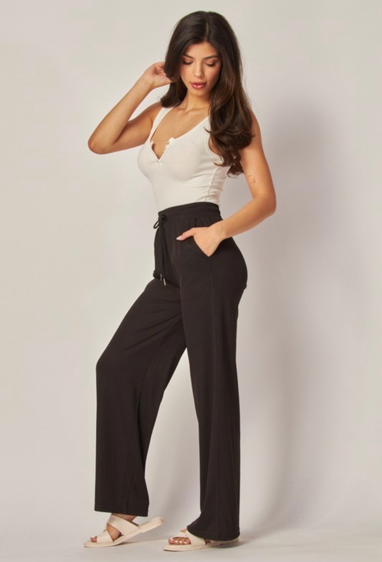 Stretchy Ribbed Drawstring Wide Leg Pants