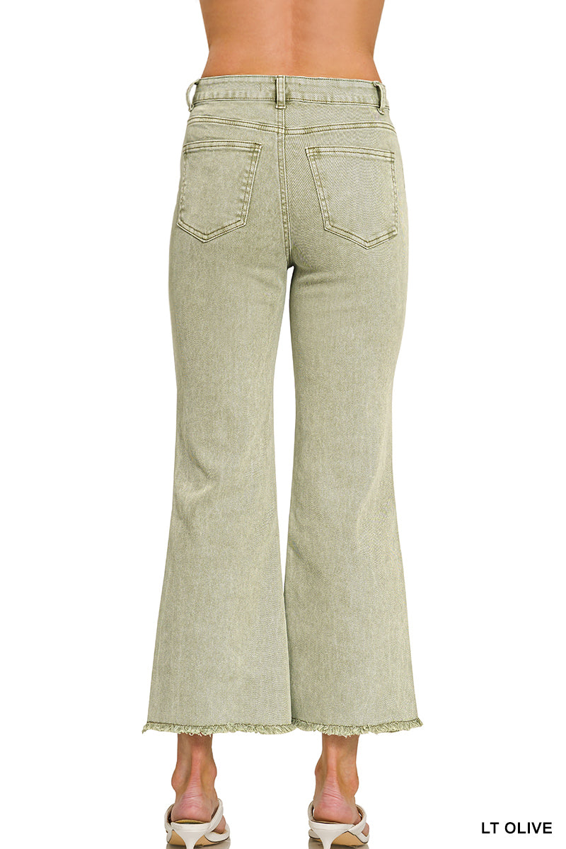 Acid Washed High Waist Frayed Hem Bootcut Pants