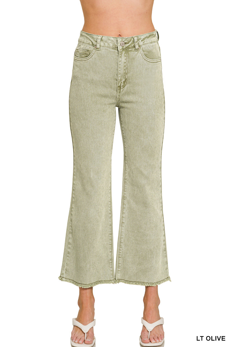Acid Washed High Waist Frayed Hem Bootcut Pants