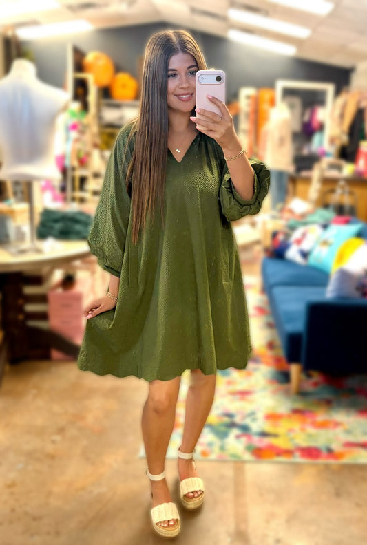 Olive Split V Neck Bubble Sleeve Dress