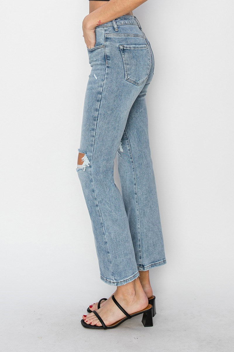 Risen High Rise Knee Distressed Ankle Flare Jean