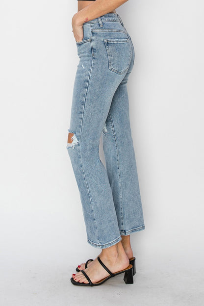 Risen High Rise Knee Distressed Ankle Flare Jean