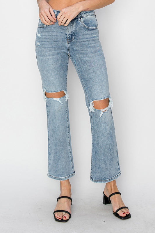 Risen High Rise Knee Distressed Ankle Flare Jean