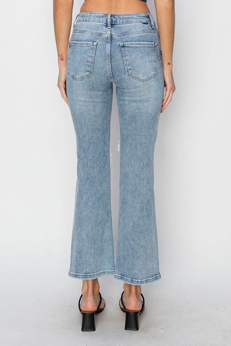Risen High Rise Knee Distressed Ankle Flare Jean