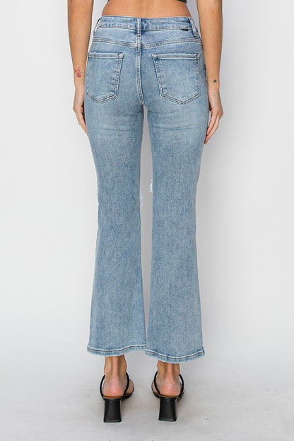 Risen High Rise Knee Distressed Ankle Flare Jean