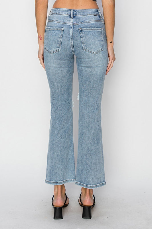 Risen High Rise Knee Distressed Ankle Flare Jean