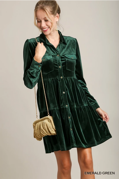 Emerald Green Long Sleeve Velvet Button Up Tiered Dress