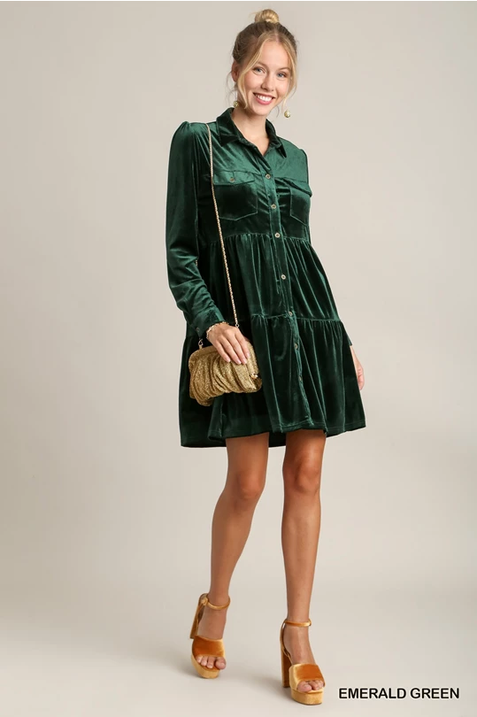 Emerald Green Long Sleeve Velvet Button Up Tiered Dress