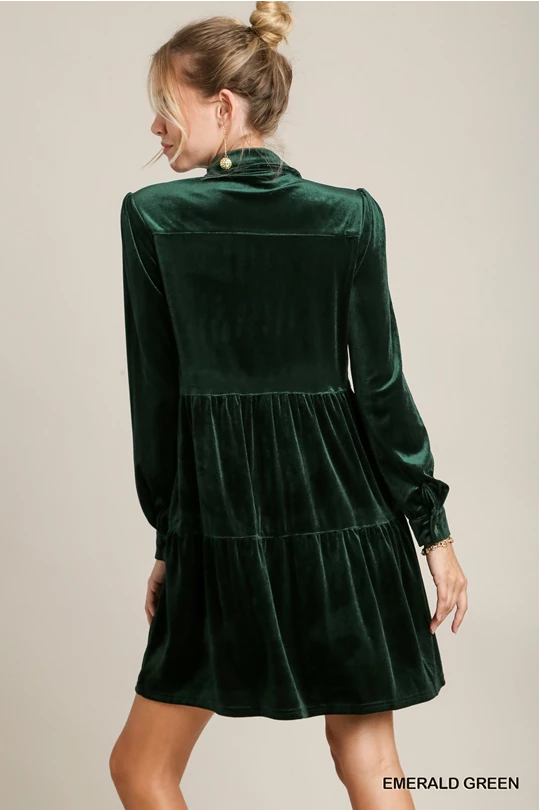 Emerald Green Long Sleeve Velvet Button Up Tiered Dress