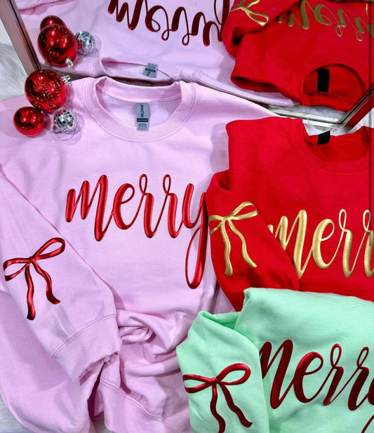 Metallic Puff Merry Sweatshirts with Bow Sleeves