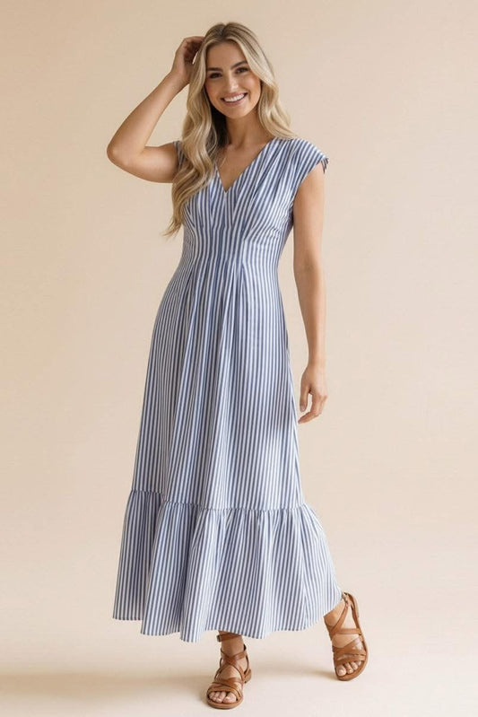 Blue & White Stripe Smocked Waist Midi Dress