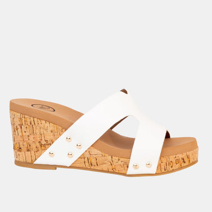 Allyson Cork Wedge Slide – Crisscross Metallic Sandal in 4 Colors