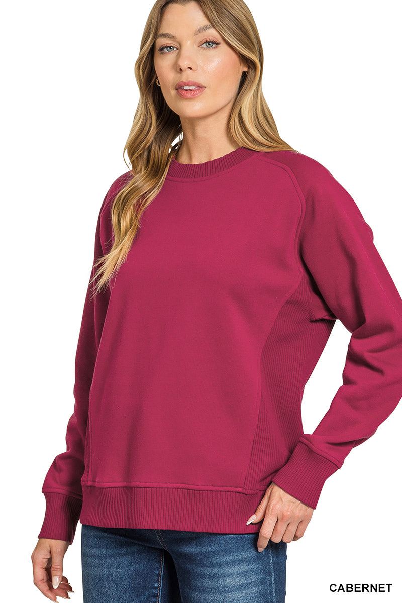 Fleece Round Neck Ribbed Side Sweatshirt