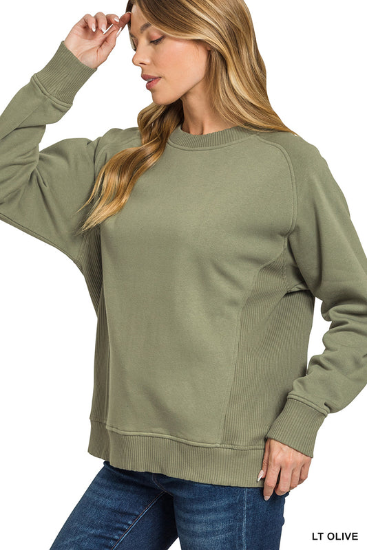 Fleece Round Neck Ribbed Side Sweatshirt