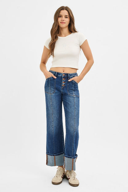 High Rise Crop Wide Straight Cuffed Jeans