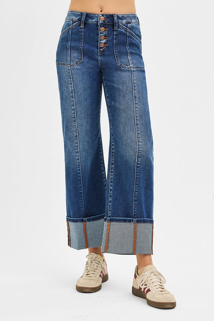 High Rise Crop Wide Straight Cuffed Jeans
