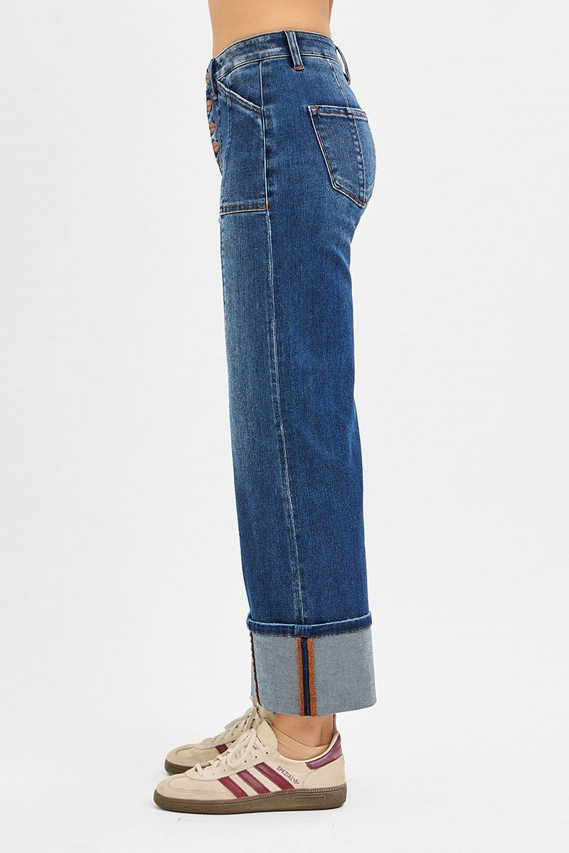 High Rise Crop Wide Straight Cuffed Jeans