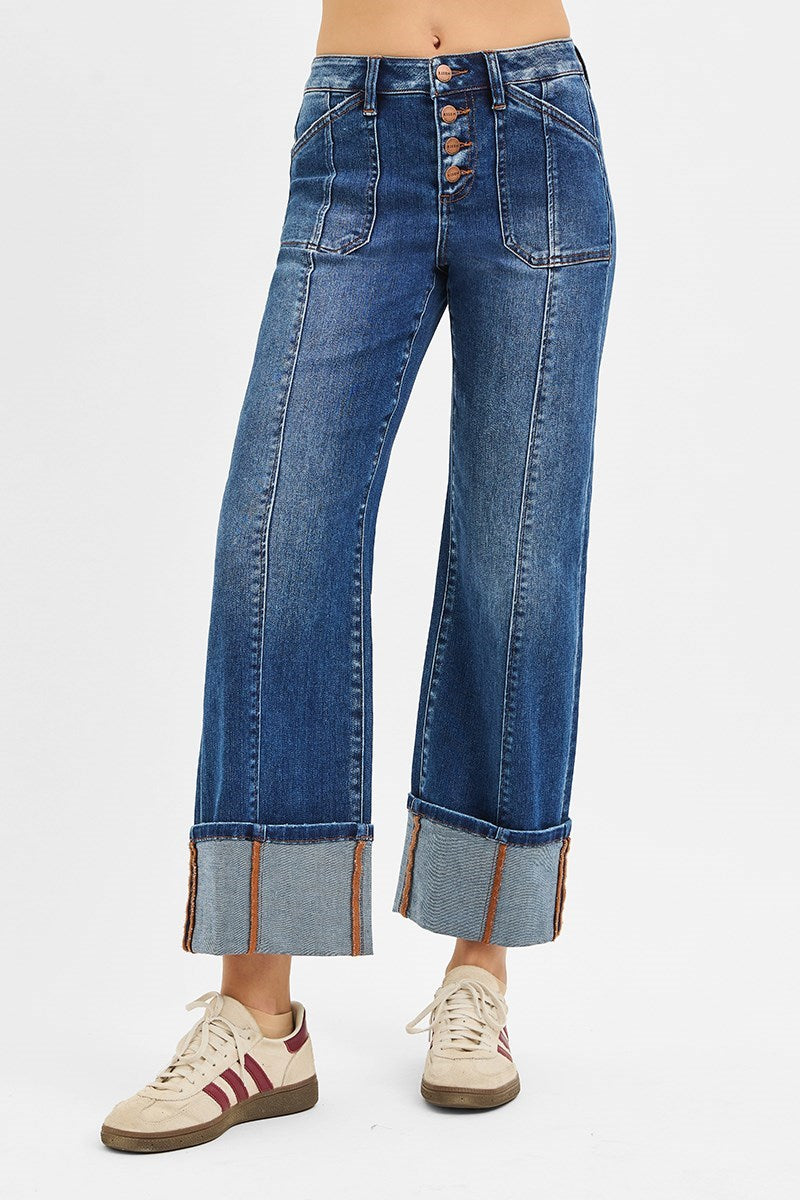 High Rise Crop Wide Straight Cuffed Jeans