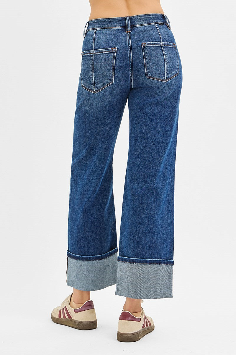 High Rise Crop Wide Straight Cuffed Jeans