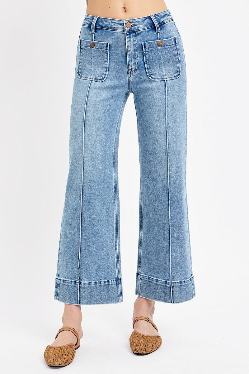 RISEN High Rise Crop Wide Jeans with Front Pintuck & Patch Pocket