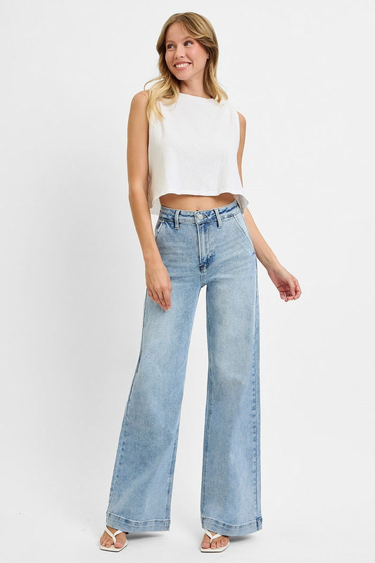 Risen High Rise Wide Leg Slanted Pocket Jeans