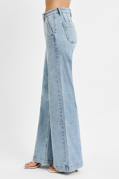 Risen High Rise Wide Leg Slanted Pocket Jeans