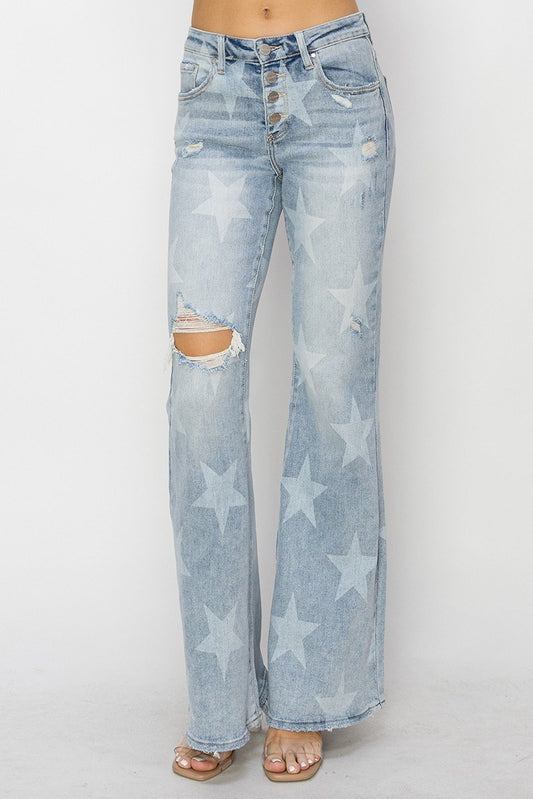 Risen Mid Rise Button Down Star Print Flare