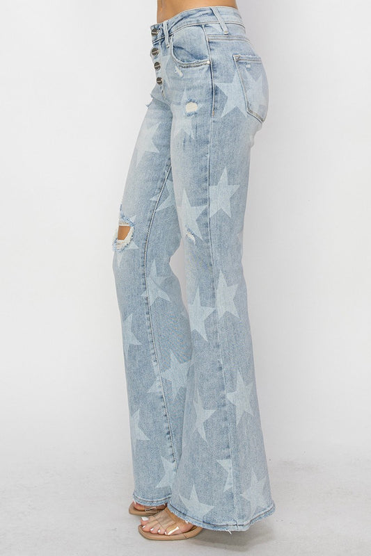 Risen Mid Rise Button Down Star Print Flare