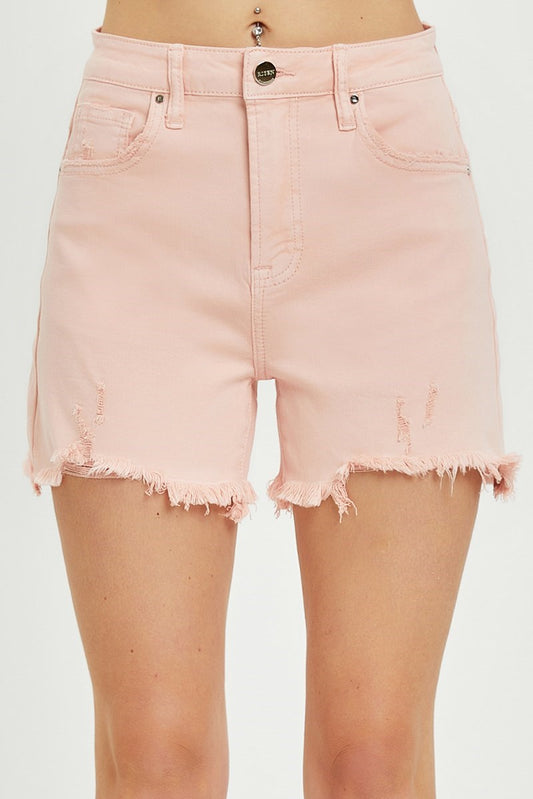Risen Soft Pink High Rise Distressed Denim Shorts
