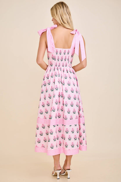 Floral Print Midi Dress with Tie Shoulder Straps