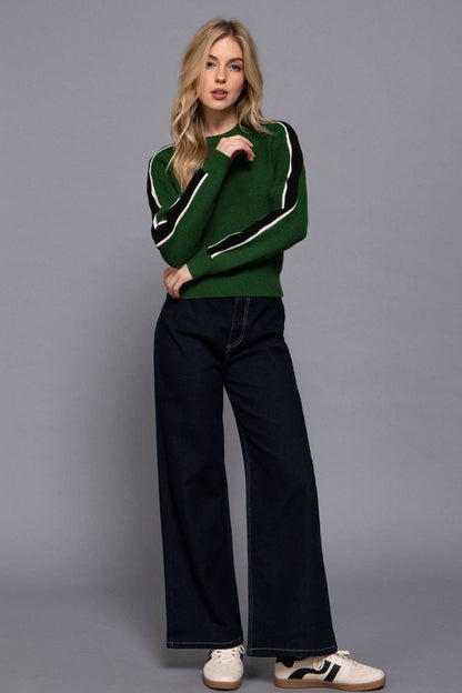 Long Sleeve Round Neck Sleeve Line Detail Sweater