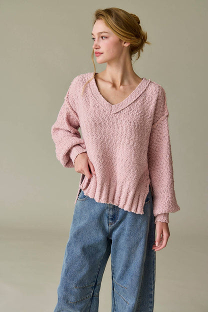 Dusty Pink Loose Fit V-neck Balloon Sleeve Sweater