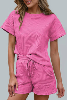 Pink Textured Drawstring Shorts Set