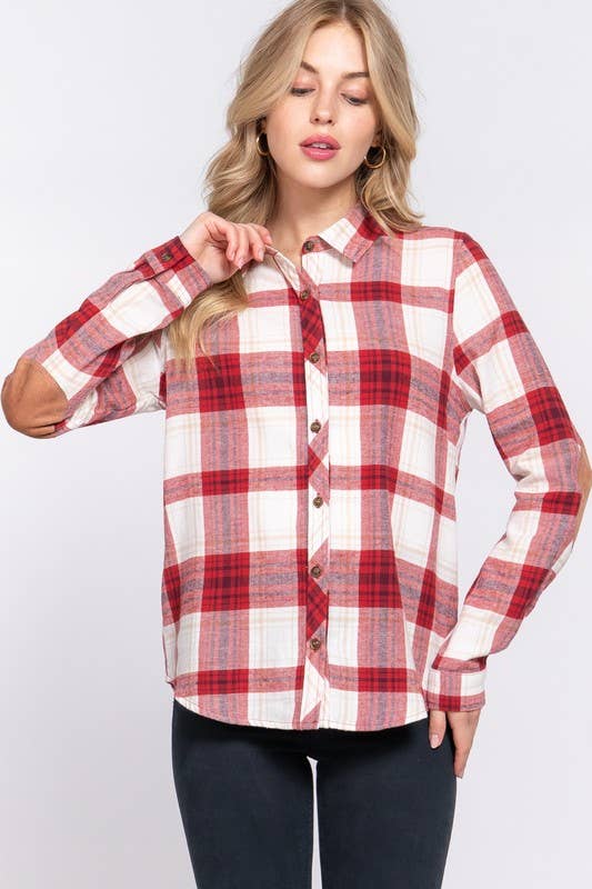 Long Sleeve with Suede Patch Button Down Plaid Shirt