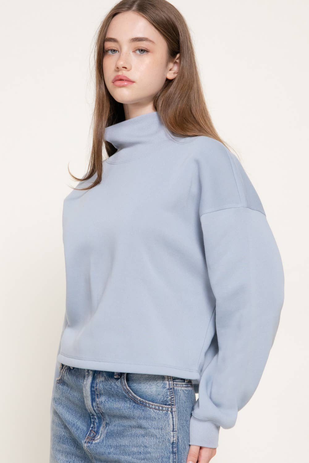 Long Sleeve Ribbed Mock Neck Inner Brushed Sweatshirt