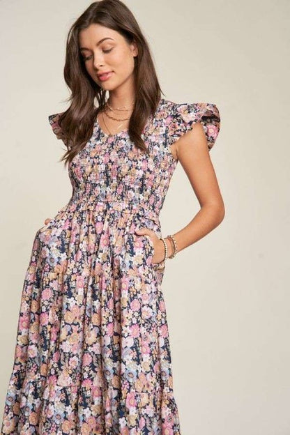 Vintage Garden Floral Flutter Smocking Midi Dress