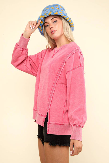 Pink Mineral Washed French Terry Oversized Knit Top