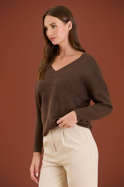 Solid V Neck Drop Shoulder Knit Sweater