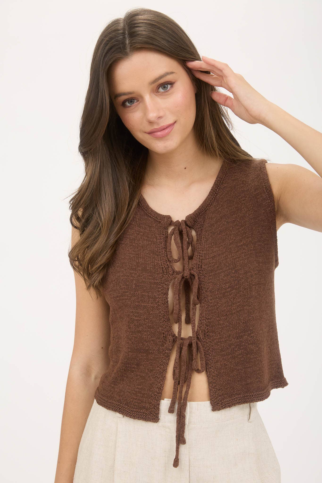 Cream Front Tie Detail Sleeveless Knot Sweater Vest