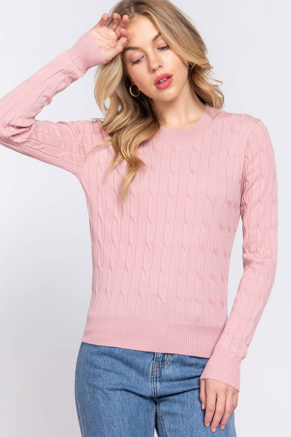 Purple Round Neck Cable Sweater