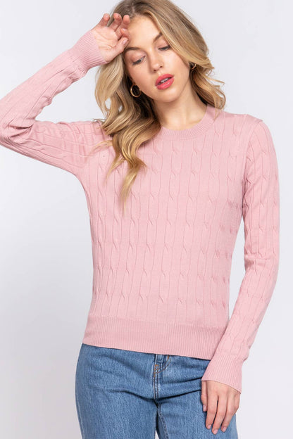 Purple Round Neck Cable Sweater