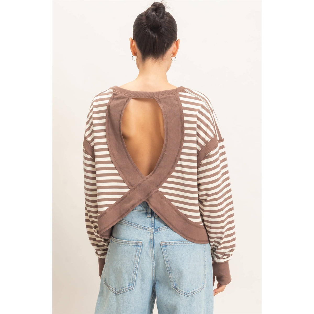 Striped Open Back Long Sleeve Top